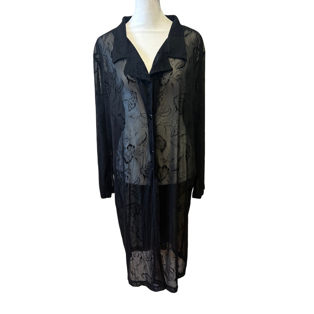 Teddi Evening Duster Sz 24W (3X) Black Sheer Floral Glitter Button Up Whimsigoth